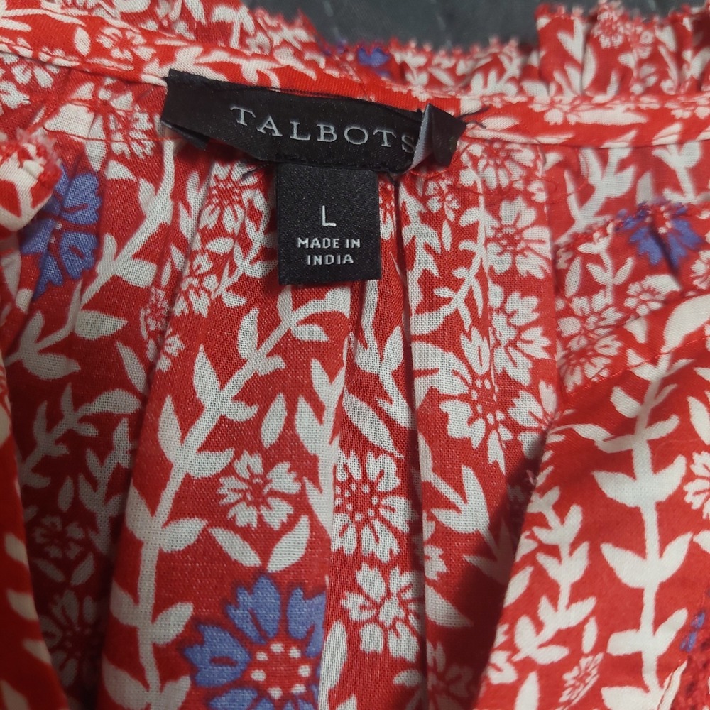 Talbots Womens Large Peasant Top Blouse Red Floral Smocking Red Trim Lightweight - Picture 6 of 8